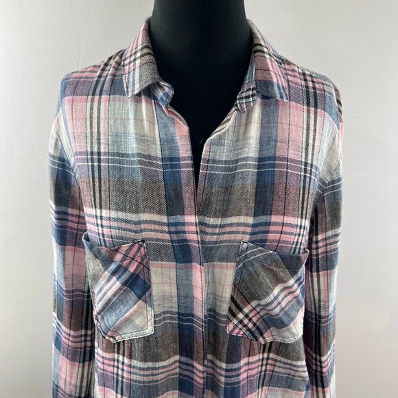 BELLA DAHL Linen Blend Pink Gray Button-Down Plaid Top Shirt Raw Hem Size S - Picture 3 of 10